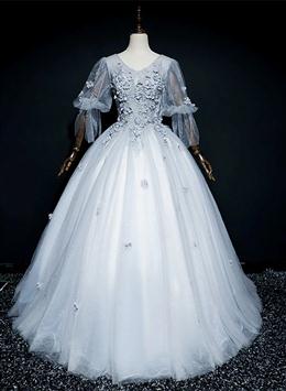 Picture of Lovely Grey Tulle Puffy Sleeves with Lace Long Formal Dresses, Sweet 16 Dress